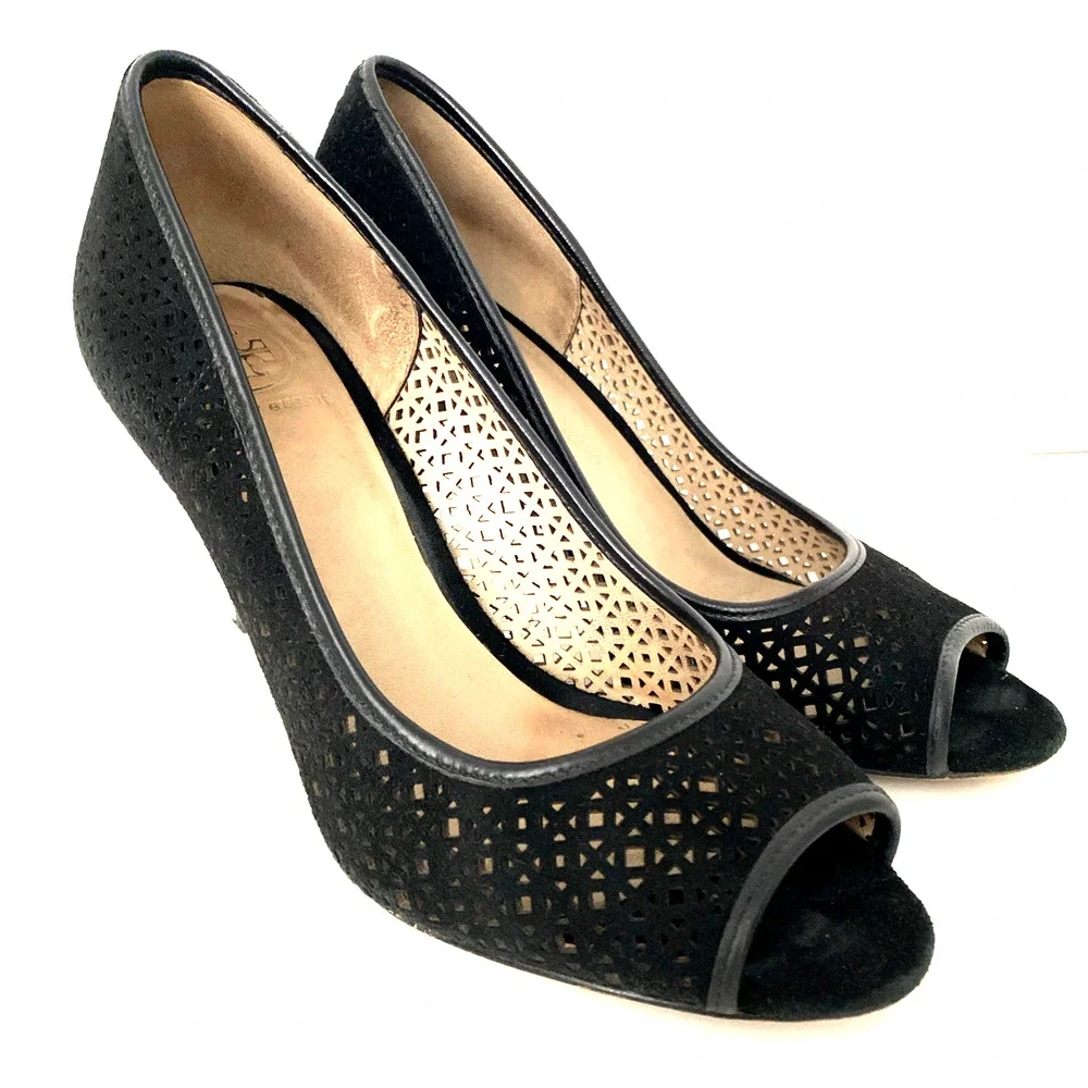 Tory Burch Elinor 90mm Pump Kid Suede Peep Toe Laser Cut Black Slim Heel 5.5
